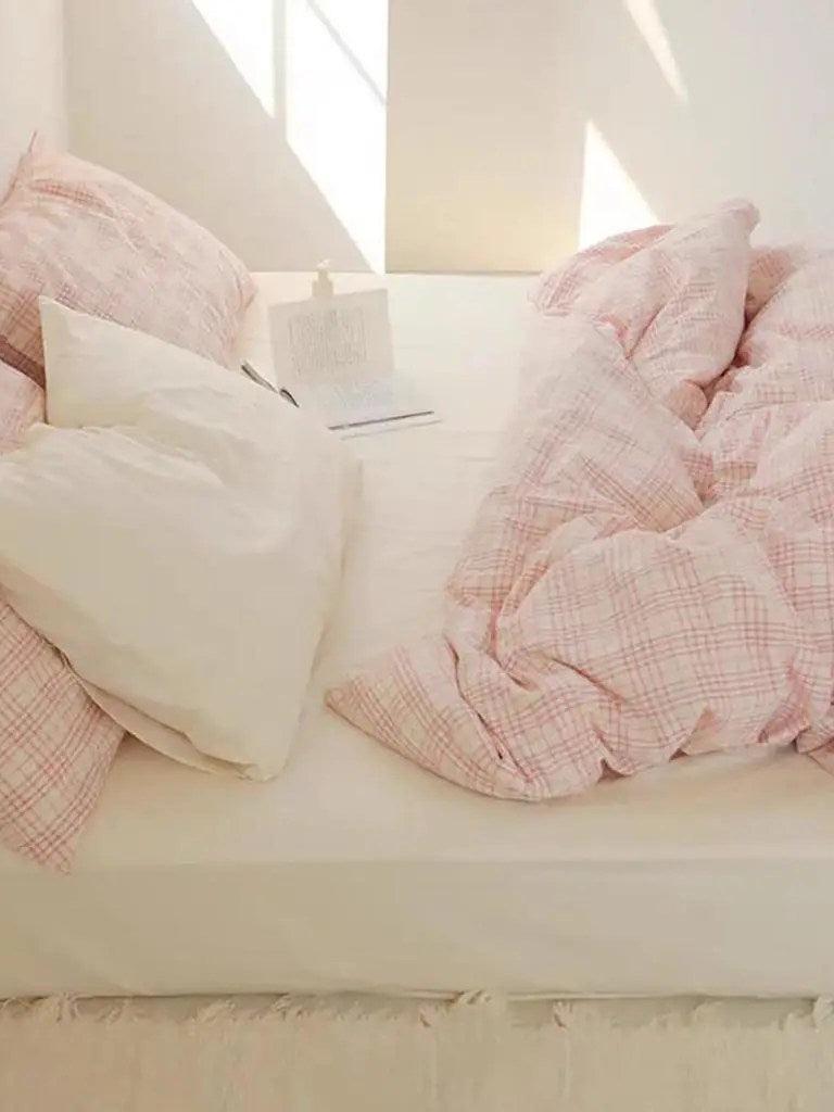 Soft Pink Plaid Cotton Bedding Set