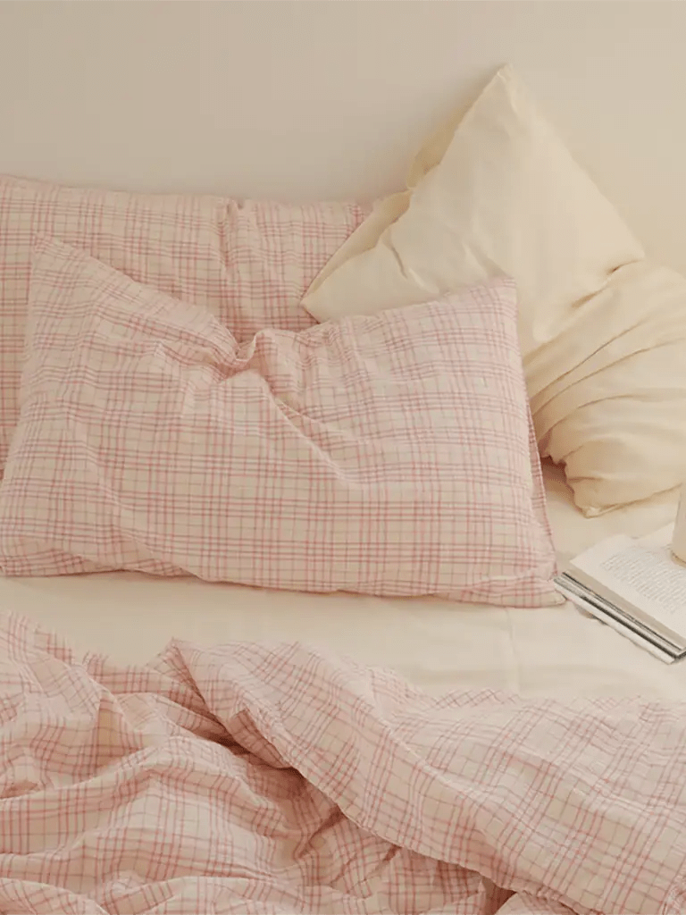 Soft Pink Plaid Cotton Bedding Set