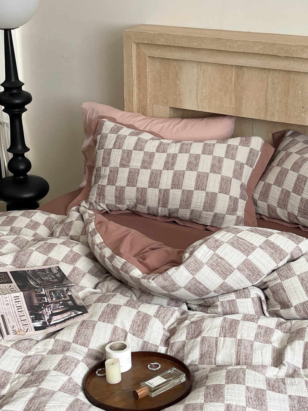 Rose Loft Check Jacquard Cotton Bedding Set original reference image 3