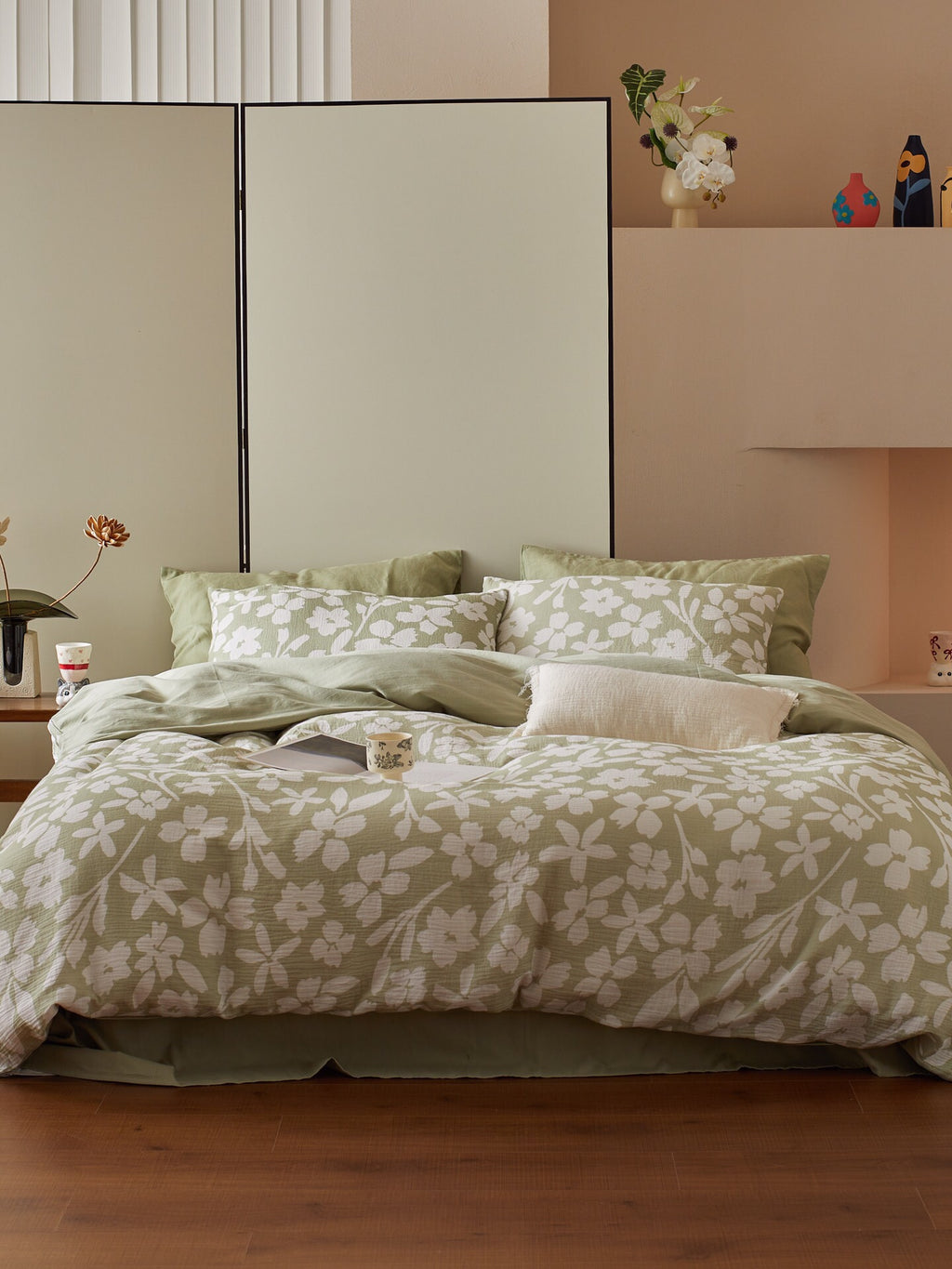 Sage Blossom Cotton Muslin Jacquard Bedding Set original reference image 3