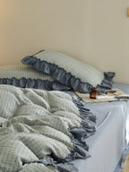 Sage Charcoal Ruffle Stripe Cotton Muslin Bedding Set original reference image 1