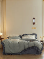 Sage Charcoal Ruffle Stripe Cotton Muslin Bedding Set original reference image 2