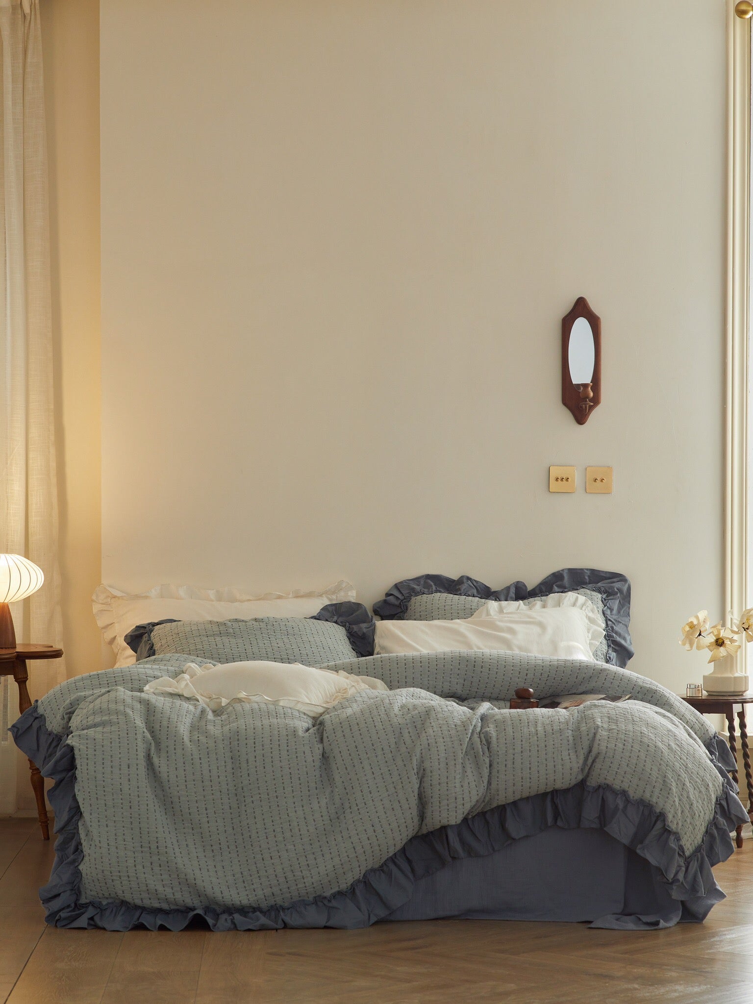 Sage Charcoal Ruffle Stripe Cotton Muslin Bedding Set original reference image 2