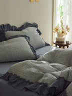Sage Charcoal Ruffle Stripe Cotton Muslin Bedding Set original reference image 3