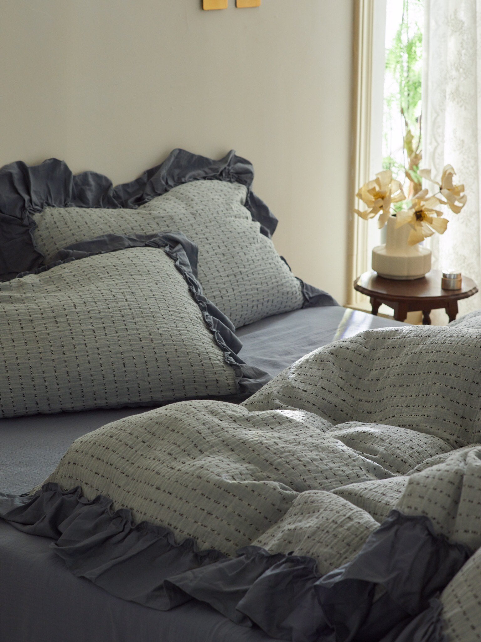 Sage Charcoal Ruffle Stripe Cotton Muslin Bedding Set original reference image 3