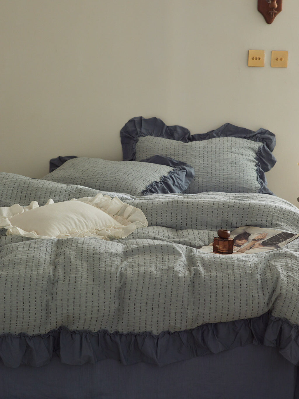 Sage Charcoal Ruffle Stripe Cotton Muslin Bedding Set original reference image 4