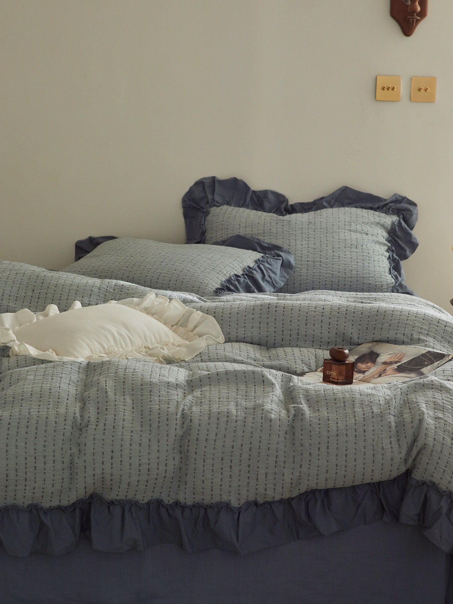Sage Charcoal Ruffle Stripe Cotton Muslin Bedding Set original reference image 4