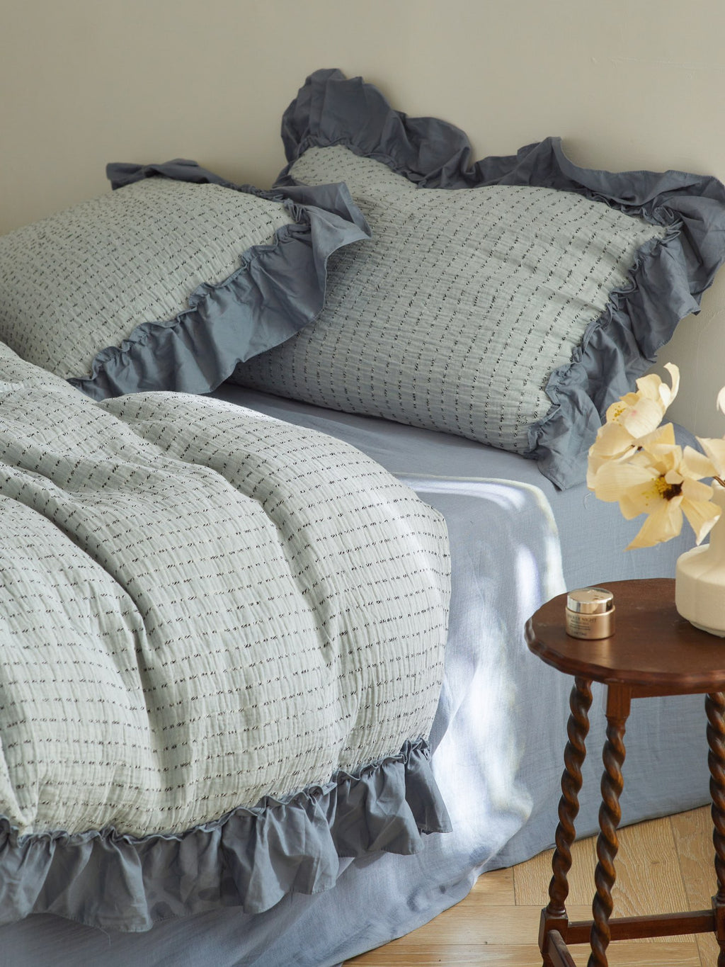 Sage Charcoal Ruffle Stripe Cotton Muslin Bedding Set original reference image 5