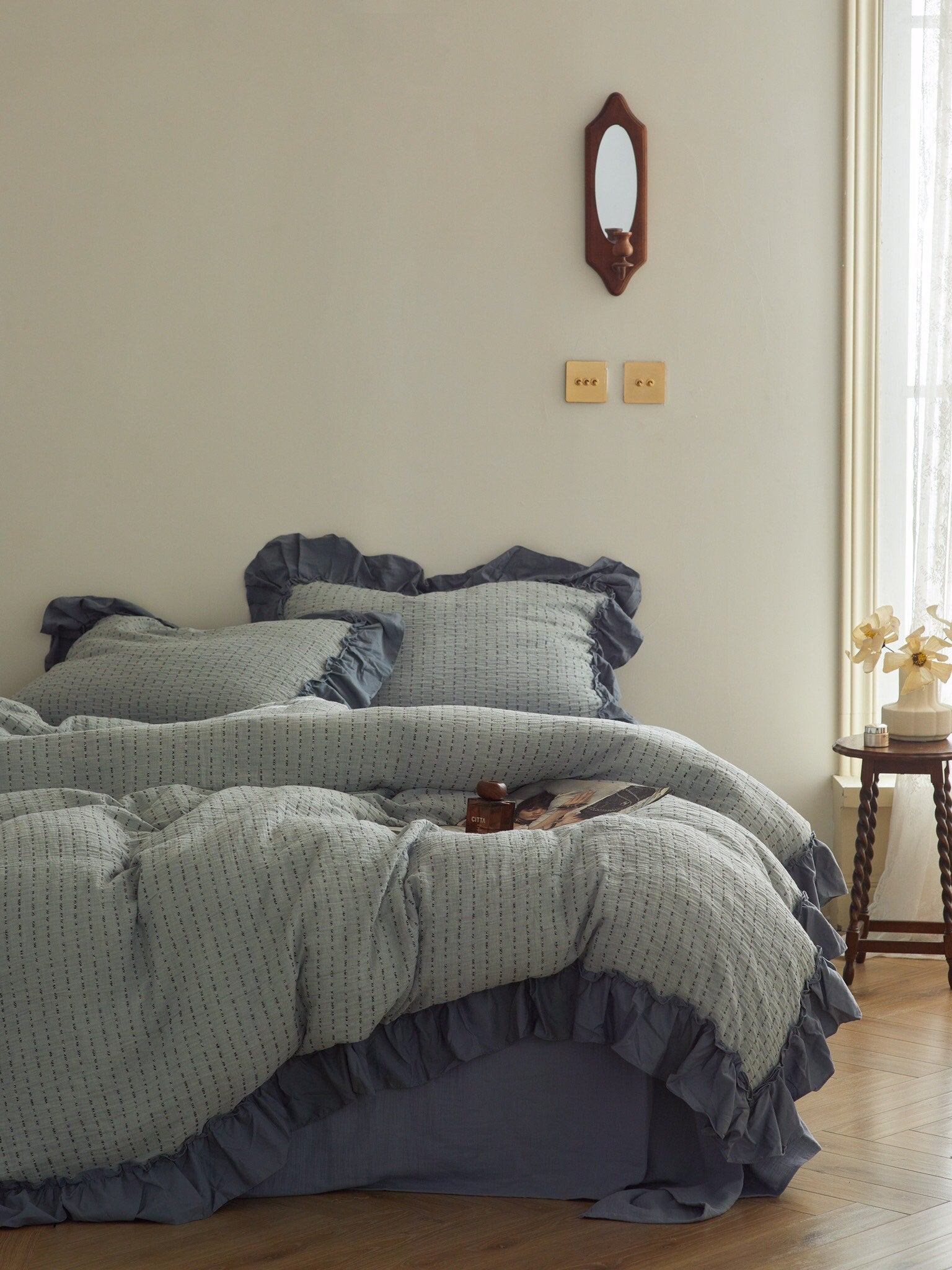 Sage Charcoal Ruffle Stripe Cotton Muslin Bedding Set original reference image 7