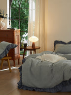 Sage Charcoal Ruffle Stripe Cotton Muslin Bedding Set original reference image 8