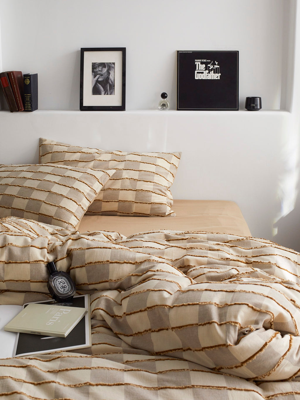Sandstone Fringe Check Clipped Jacquard Cotton Bedding Set original reference image 1