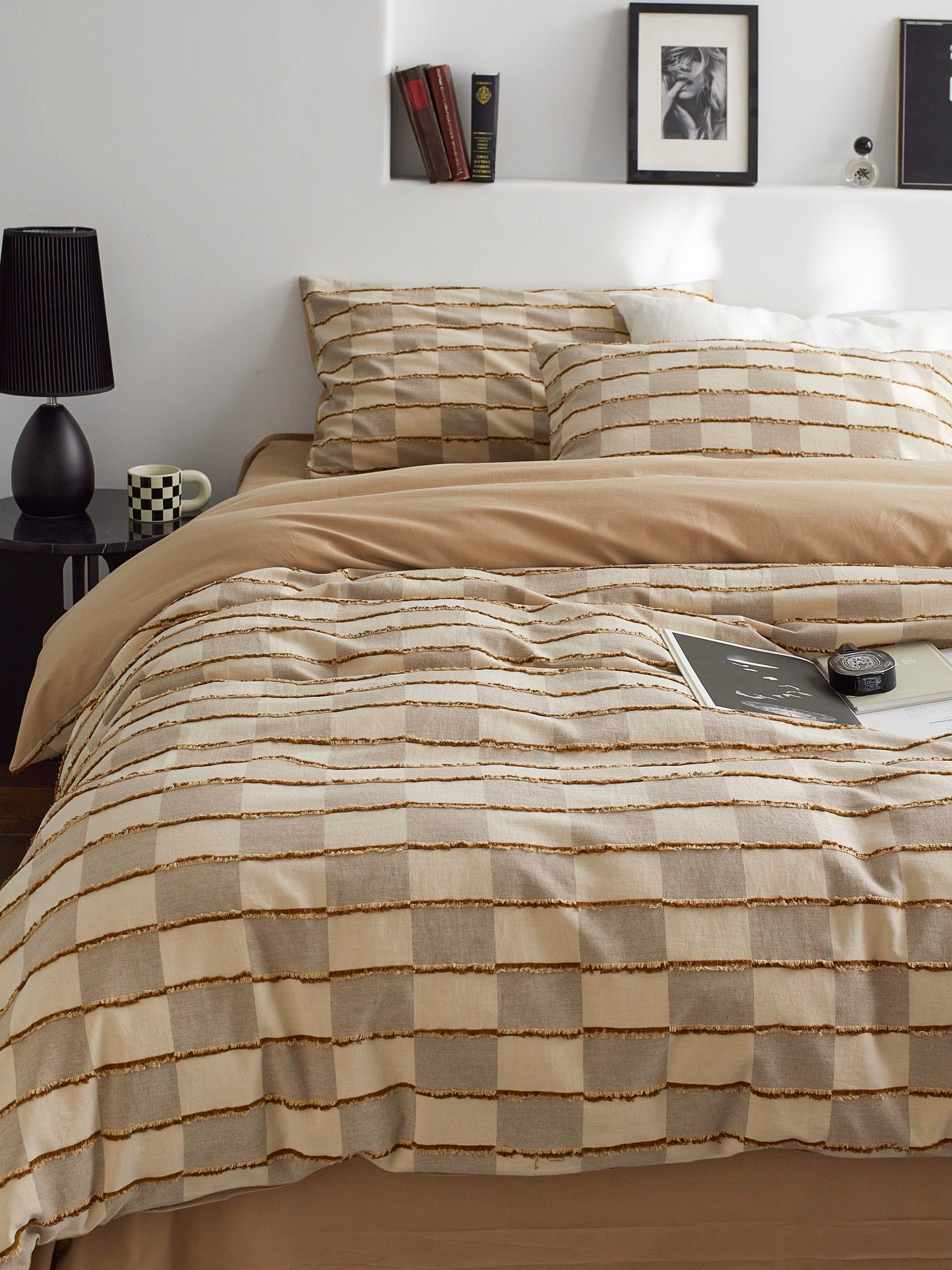 Sandstone Fringe Check Clipped Jacquard Cotton Bedding Set original reference image 8