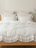 White Ruffled Cotton Duvet Cover with Contrast Trim