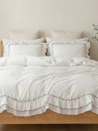 White Ruffled Cotton Duvet Cover with Contrast Trim