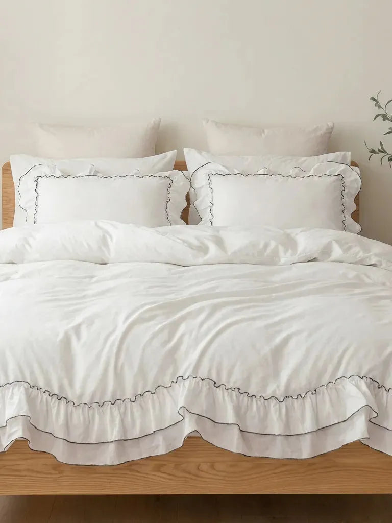White Ruffled Cotton Duvet Cover with Contrast Trim