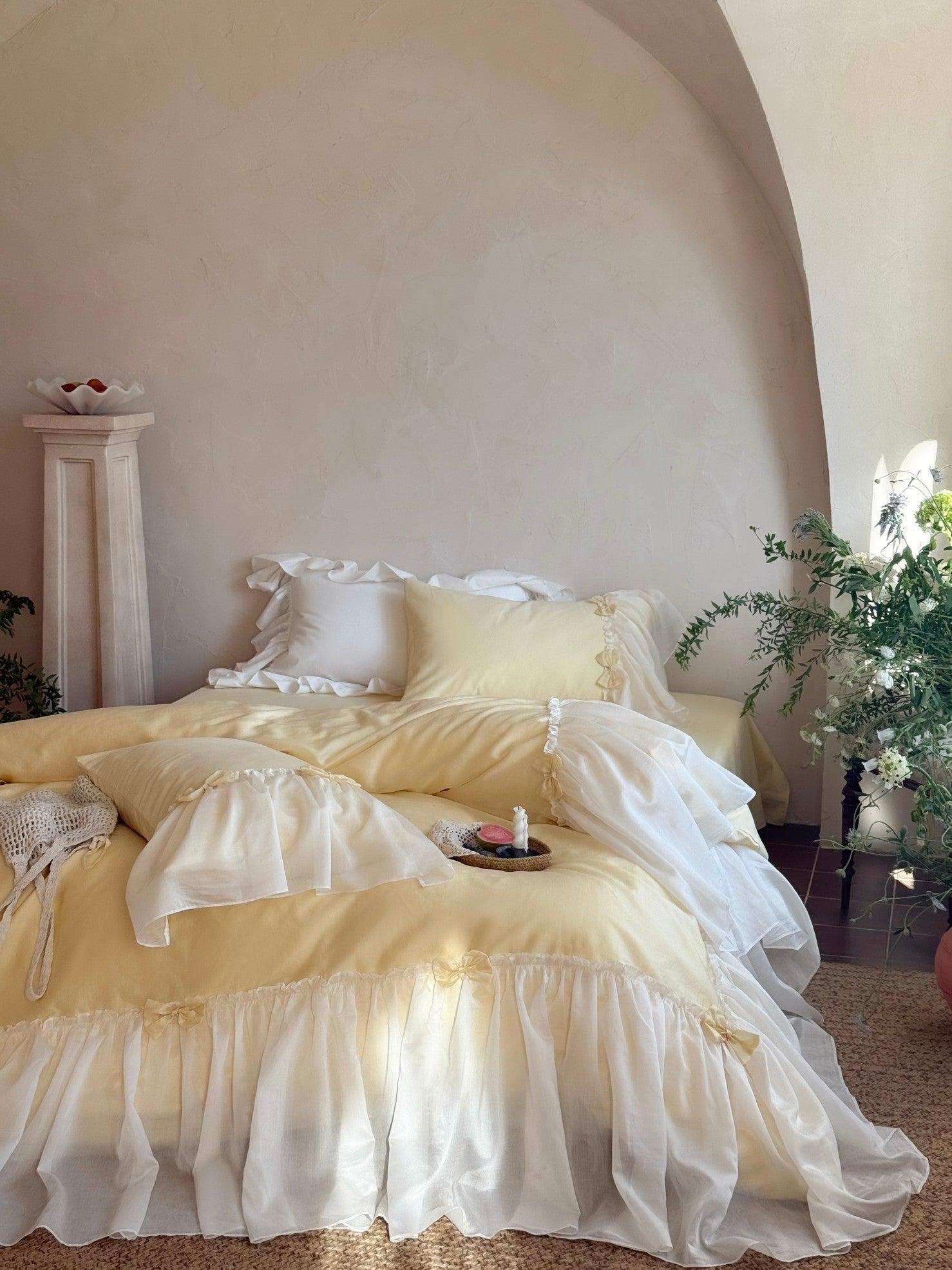 Buttercream Ruffle Organza Trim Sateen Bedding Set