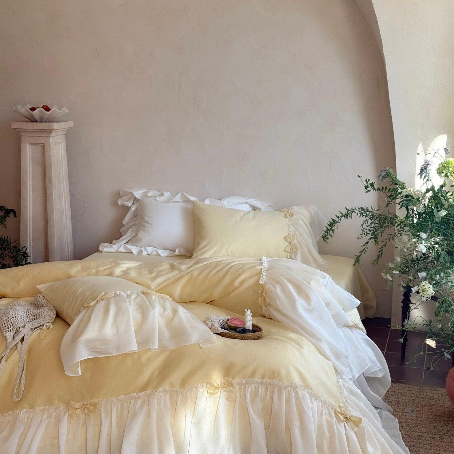 Buttercream Ruffle Organza Trim Sateen Bedding Set