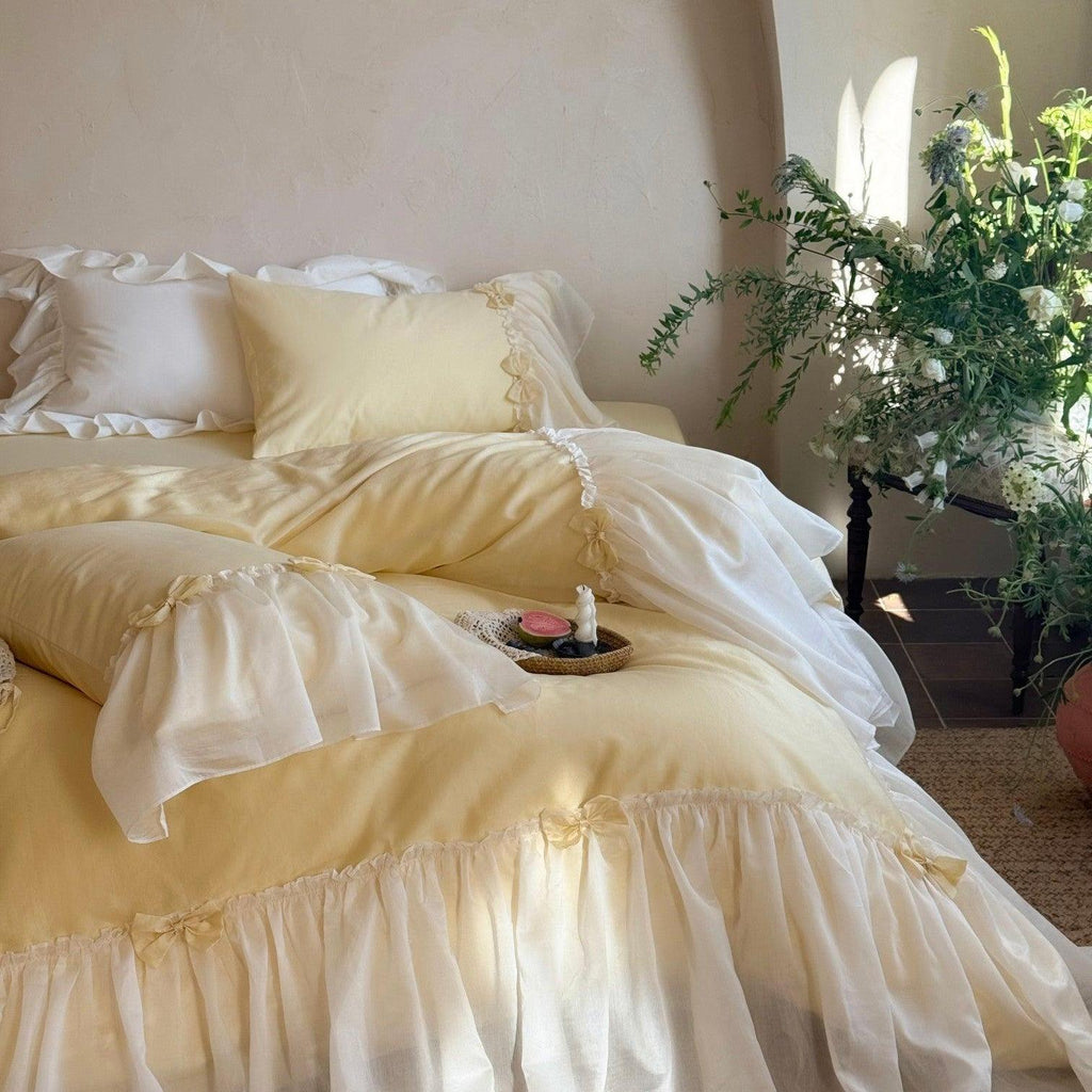 Buttercream Ruffle Organza Trim Sateen Bedding Set