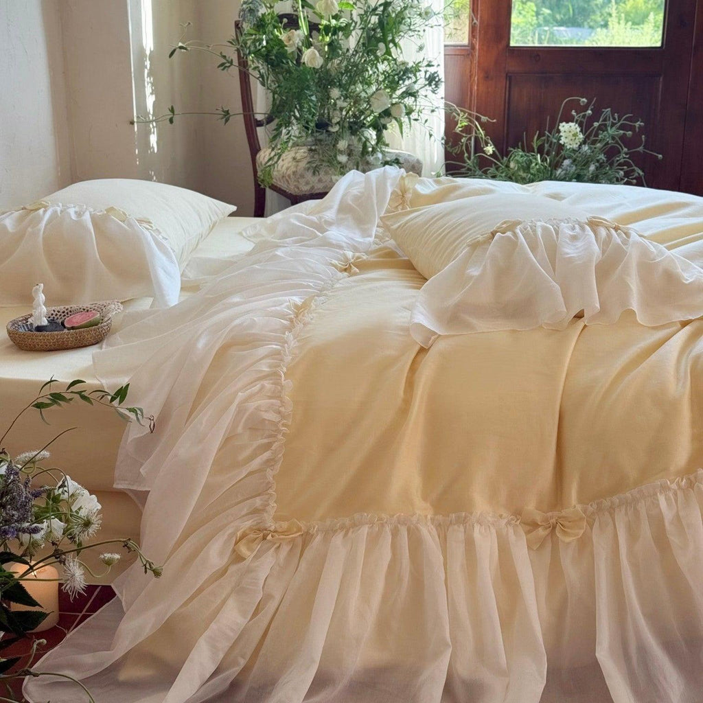 Buttercream Ruffle Organza Trim Sateen Bedding Set