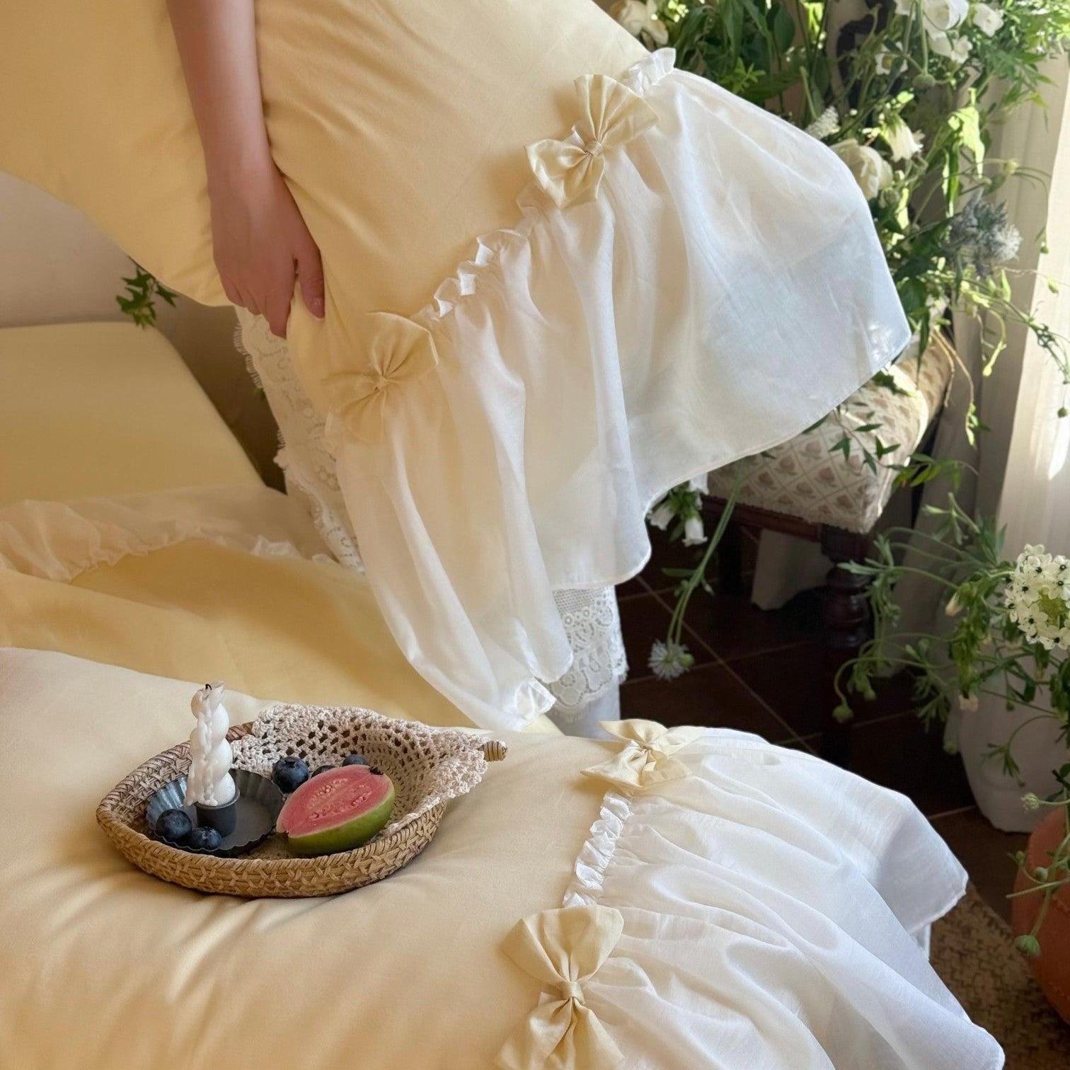 Buttercream Ruffle Organza Trim Sateen Bedding Set