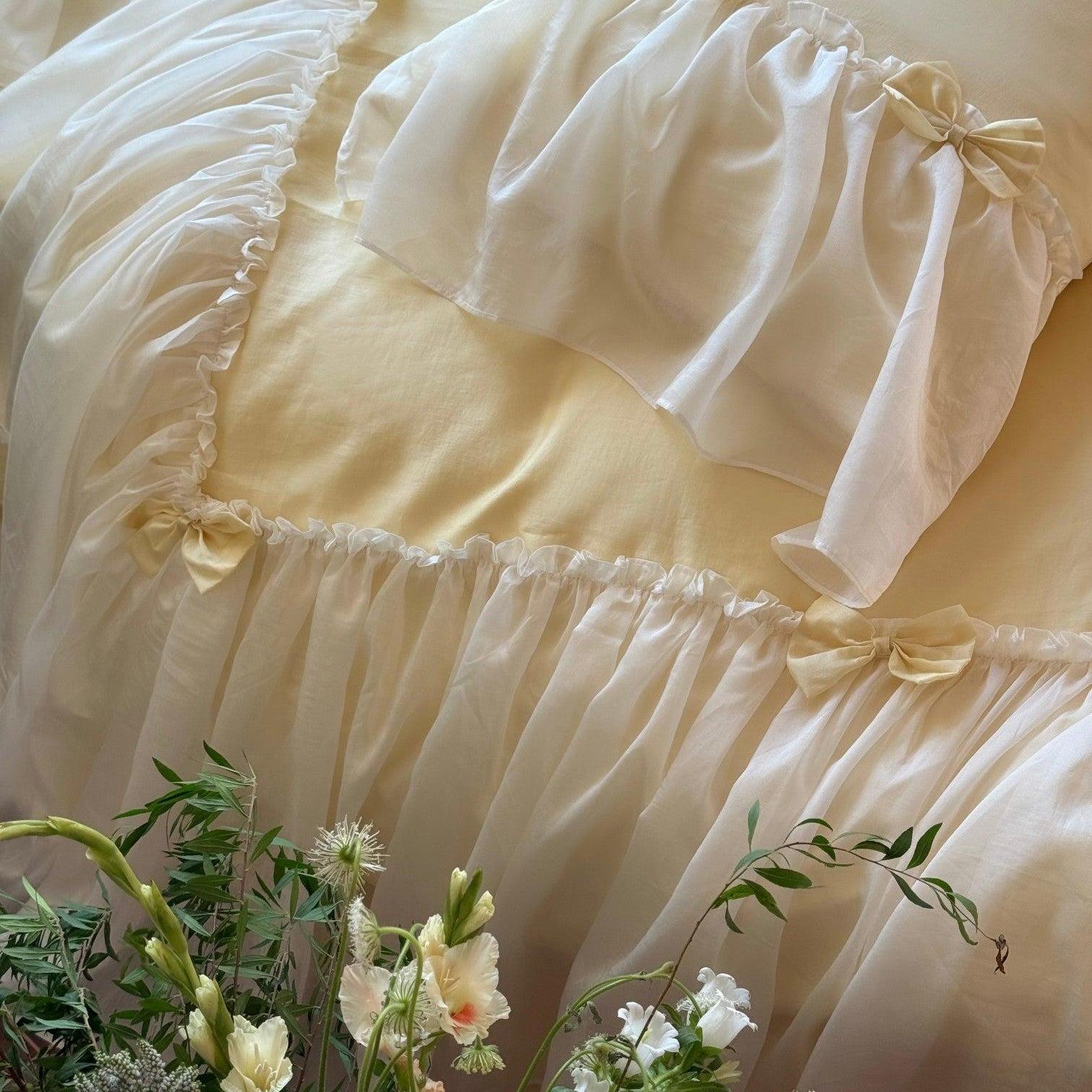 Buttercream Ruffle Organza Trim Sateen Bedding Set