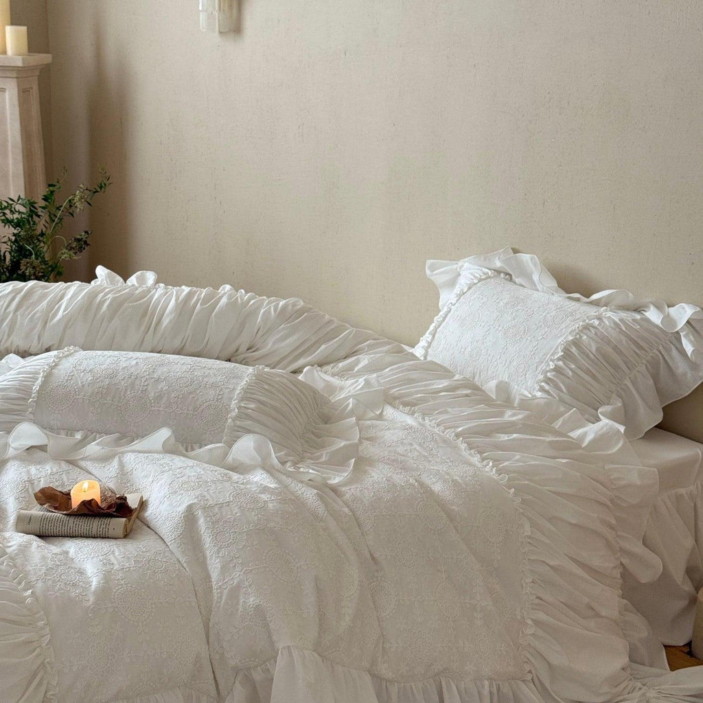 White Whisper Embroidered Ruched Ruffle Bedding Set