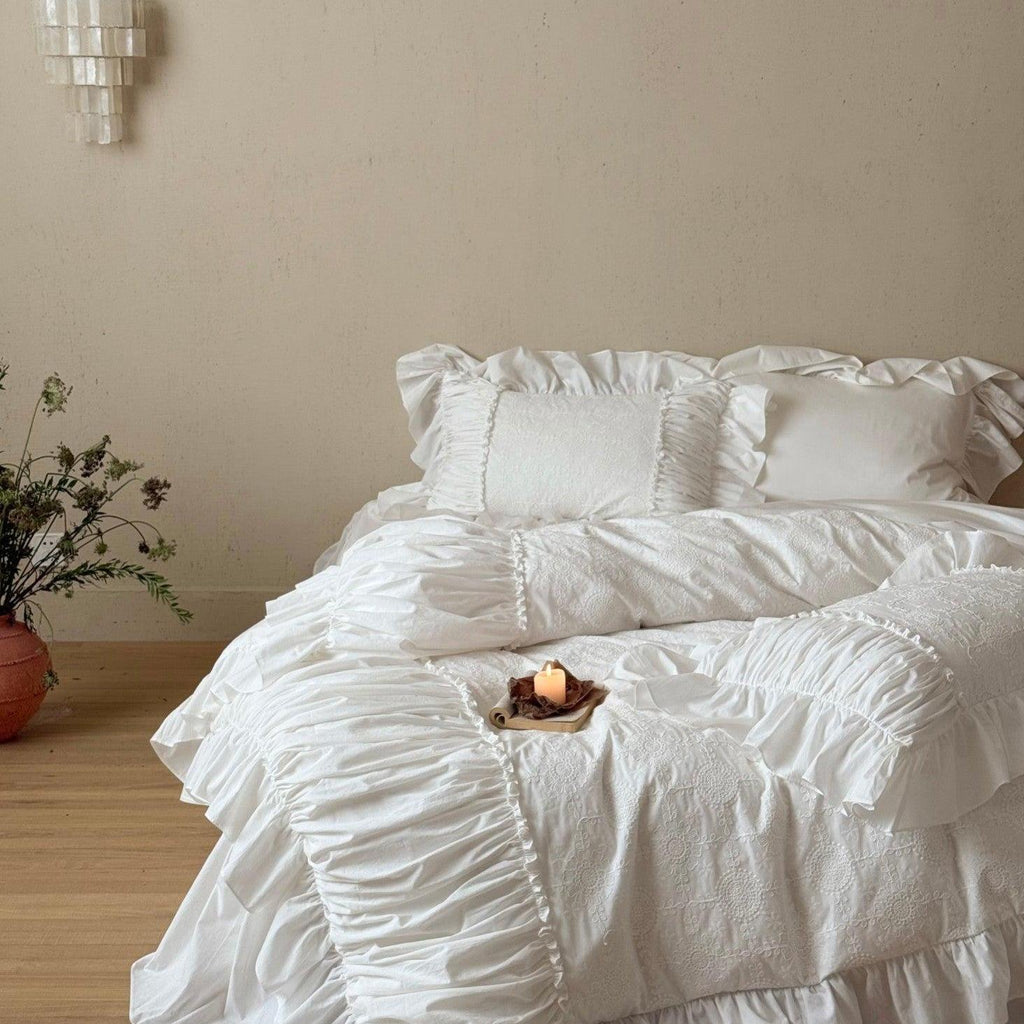 White Whisper Embroidered Ruched Ruffle Bedding Set