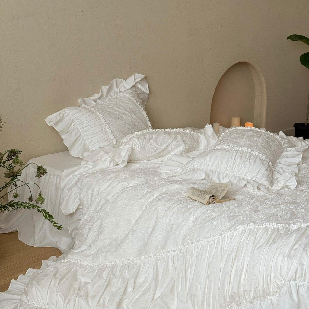 White Whisper Embroidered Ruched Ruffle Bedding Set
