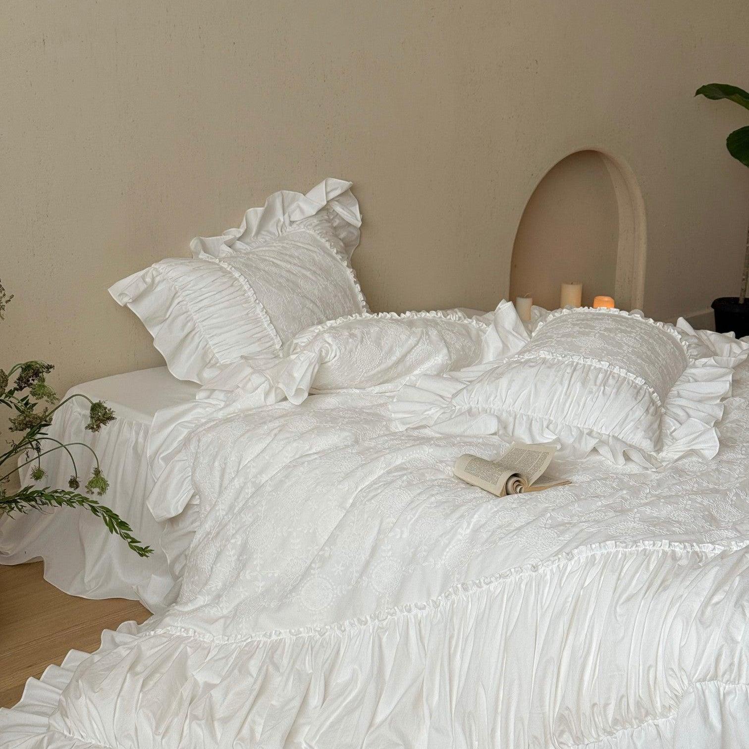White Whisper Embroidered Ruched Ruffle Bedding Set
