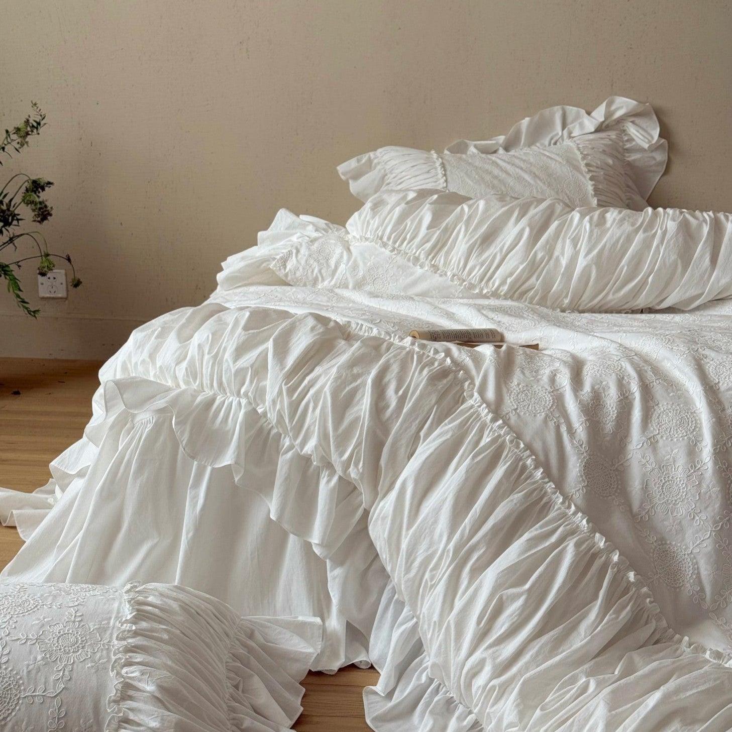 White Whisper Embroidered Ruched Ruffle Bedding Set