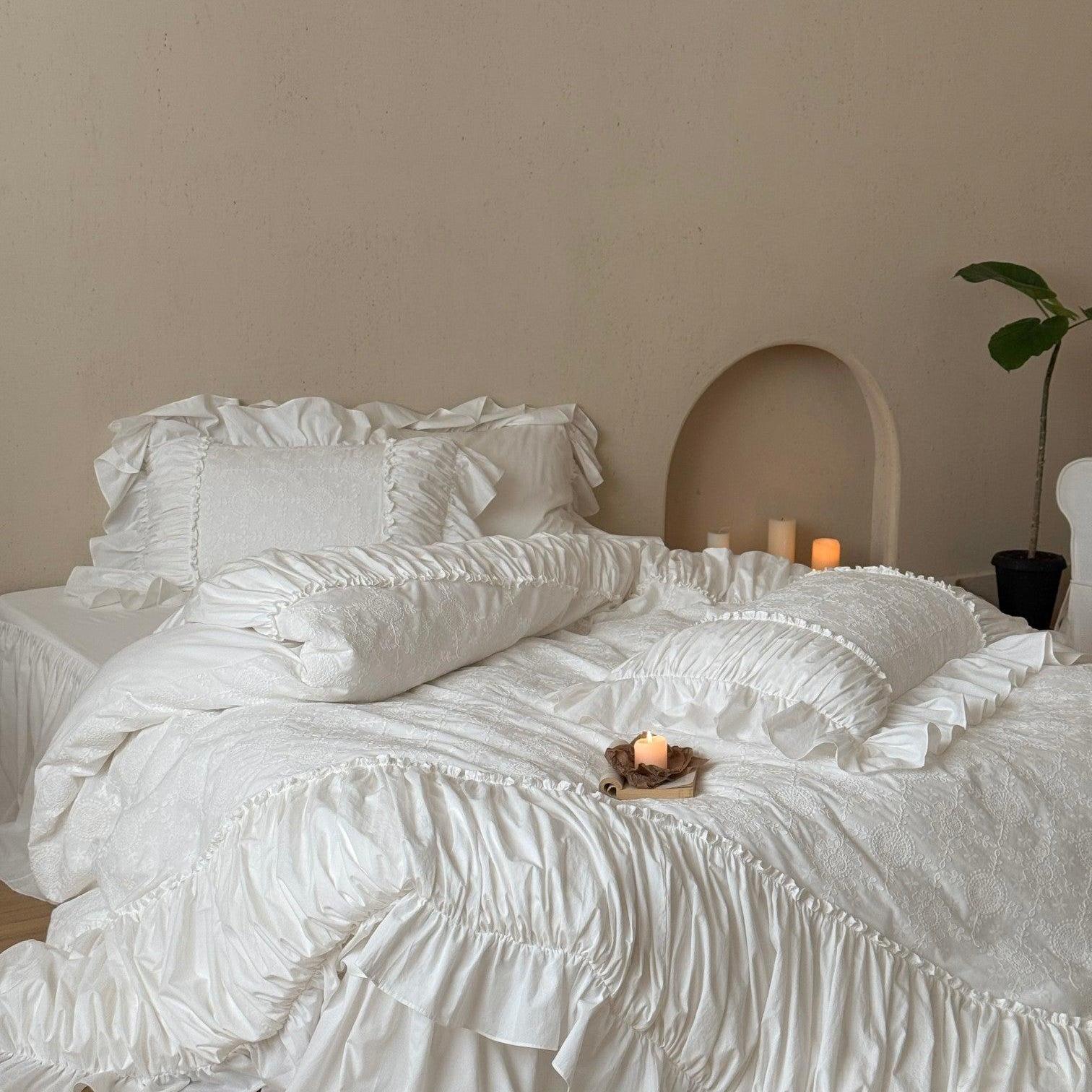 White Whisper Embroidered Ruched Ruffle Bedding Set
