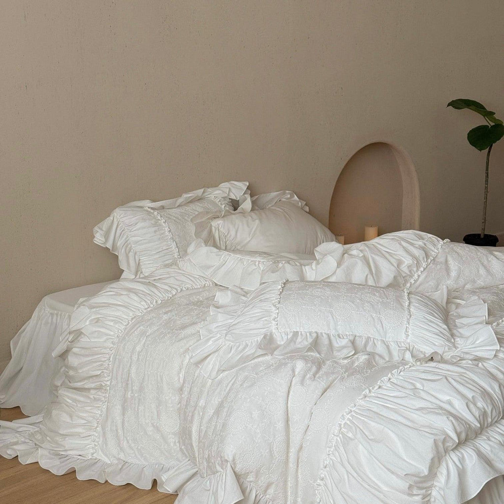 White Whisper Embroidered Ruched Ruffle Bedding Set