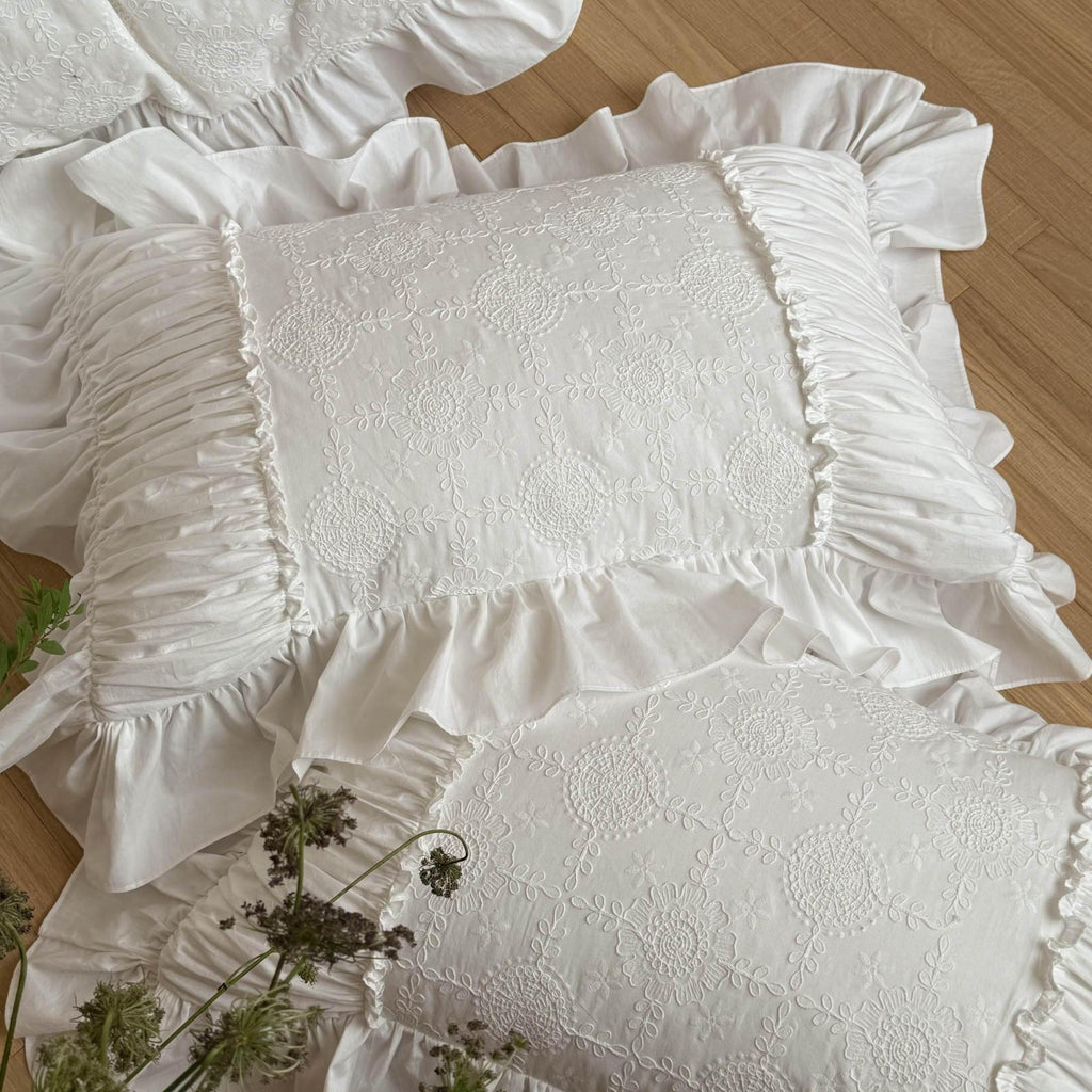 White Whisper Embroidered Ruched Ruffle Bedding Set