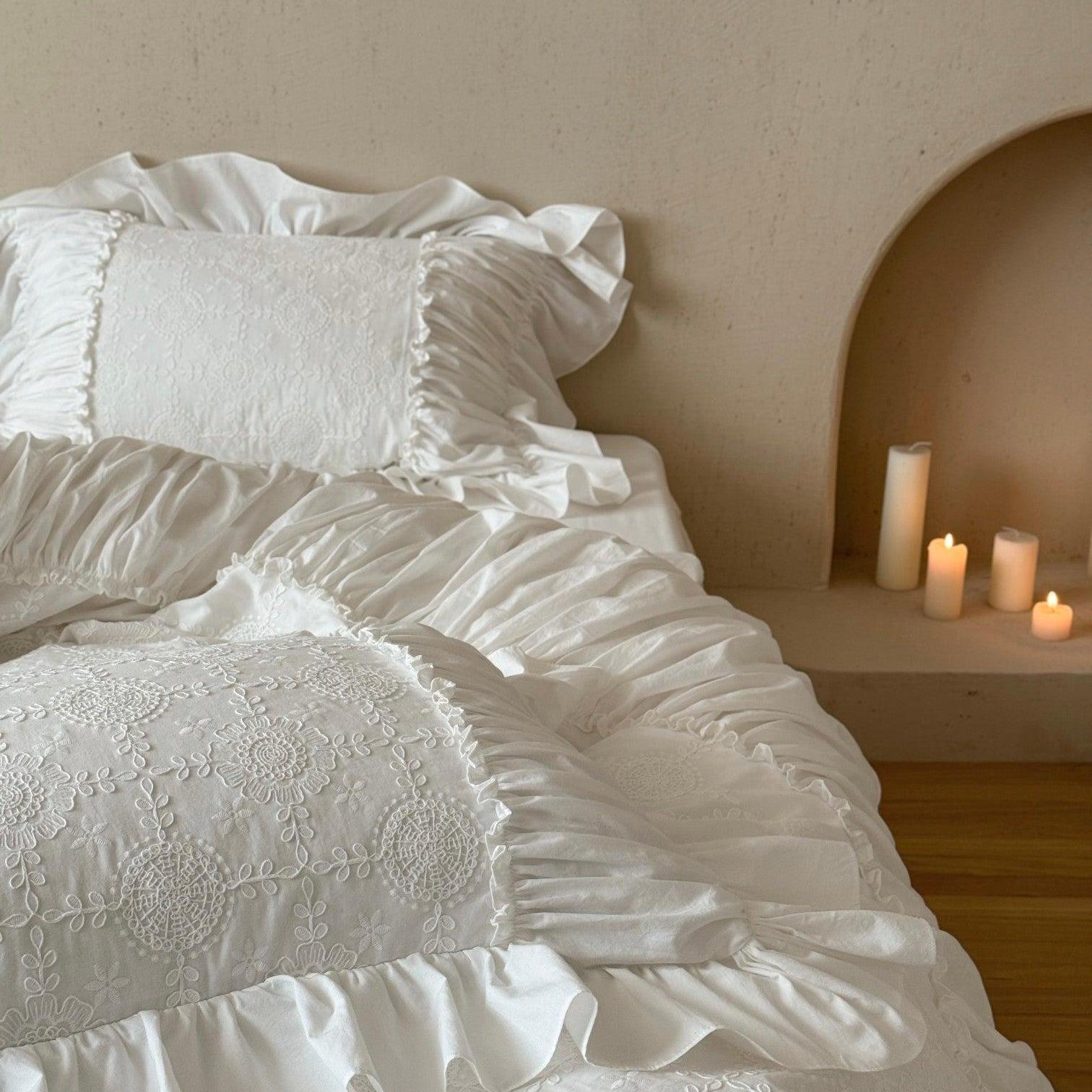 White Whisper Embroidered Ruched Ruffle Bedding Set