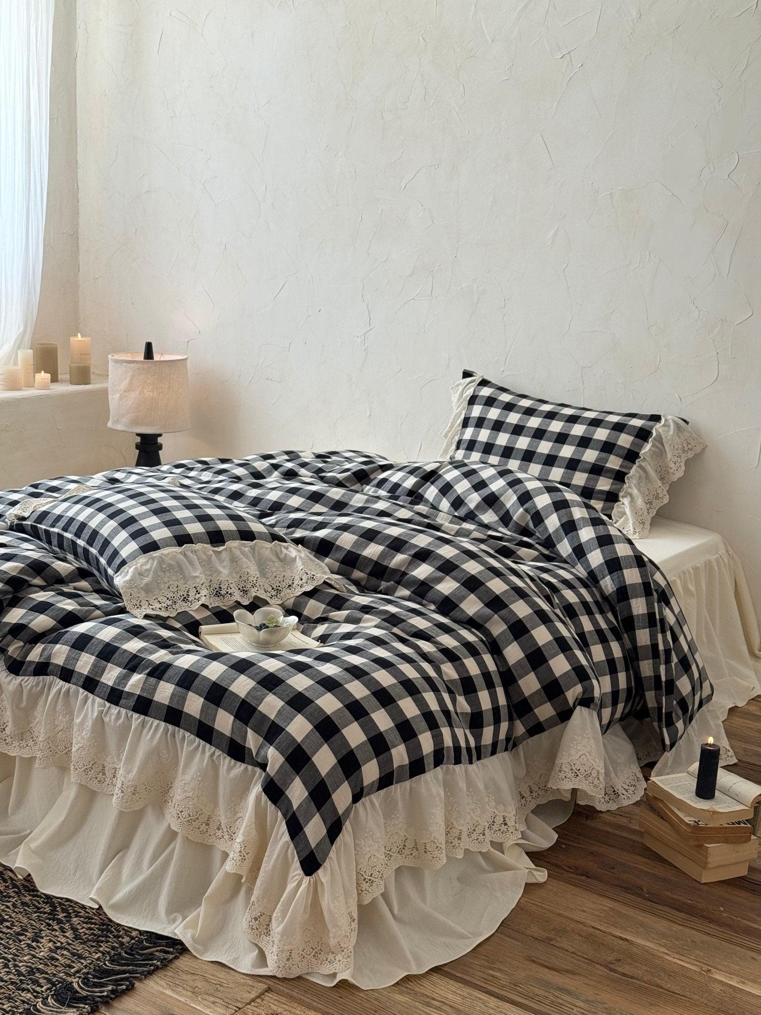 Classic Gingham Lace Ruffle Bedding Set