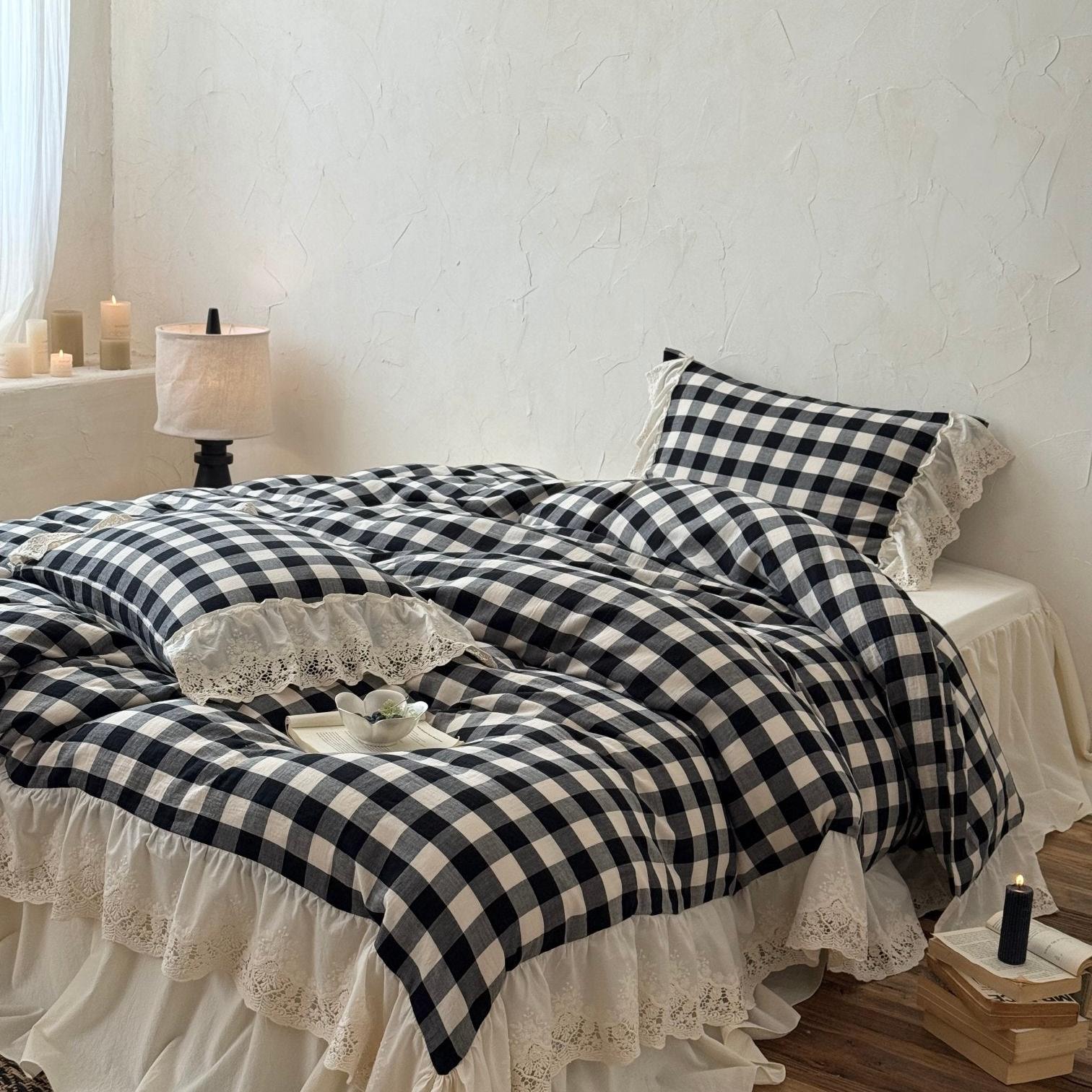 Classic Gingham Lace Ruffle Bedding Set