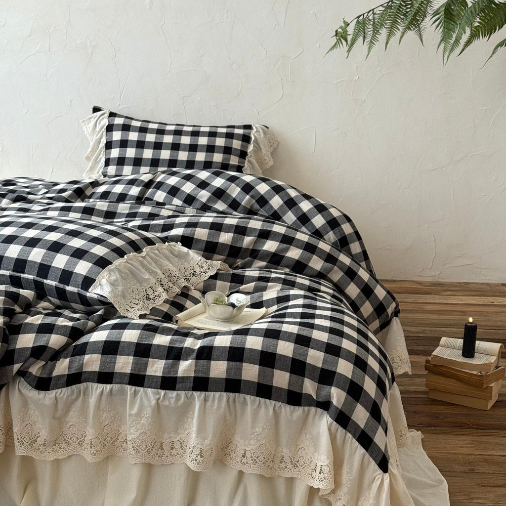 Classic Gingham Lace Ruffle Bedding Set