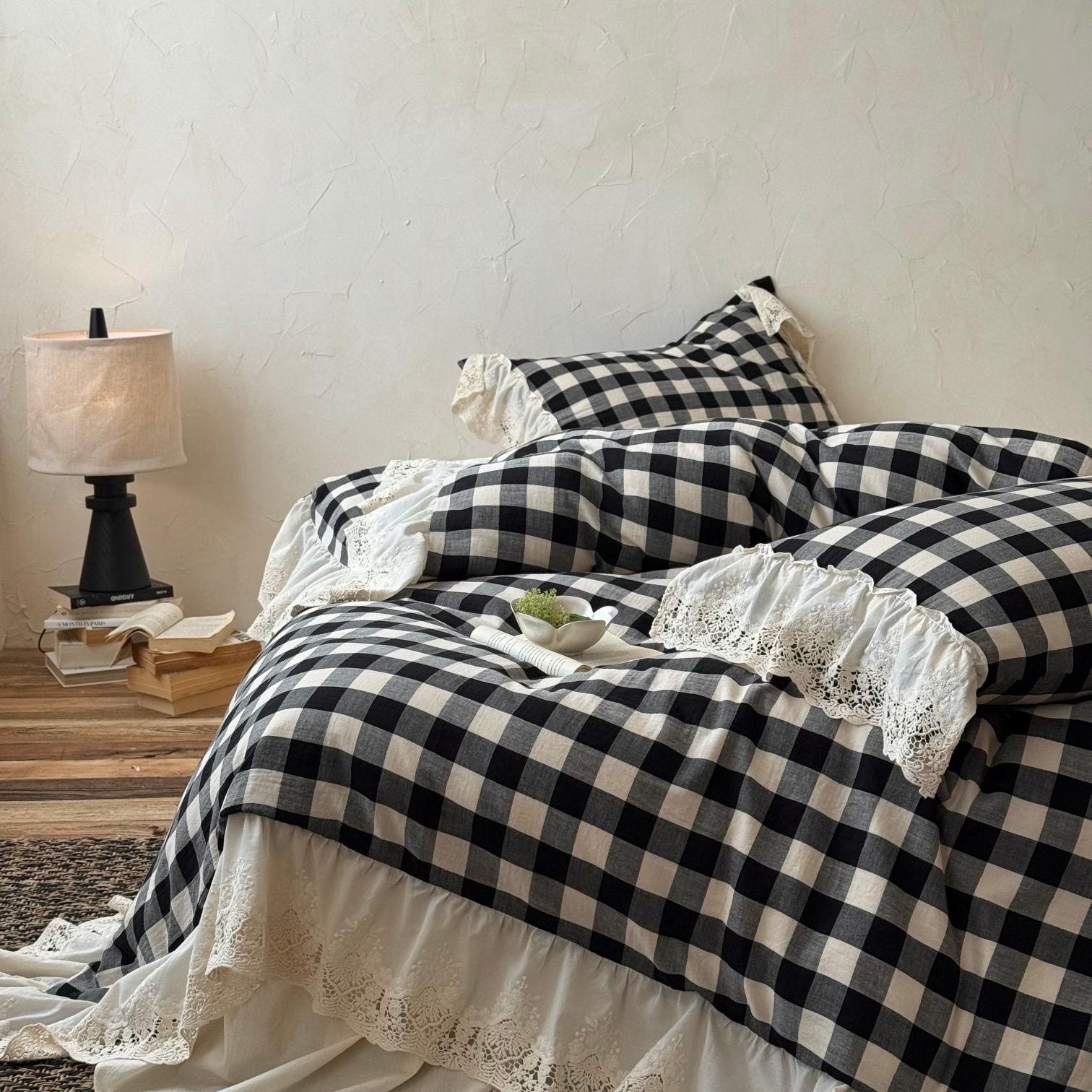 Classic Gingham Lace Ruffle Bedding Set