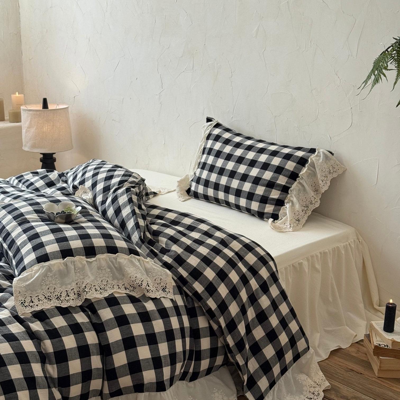 Classic Gingham Lace Ruffle Bedding Set