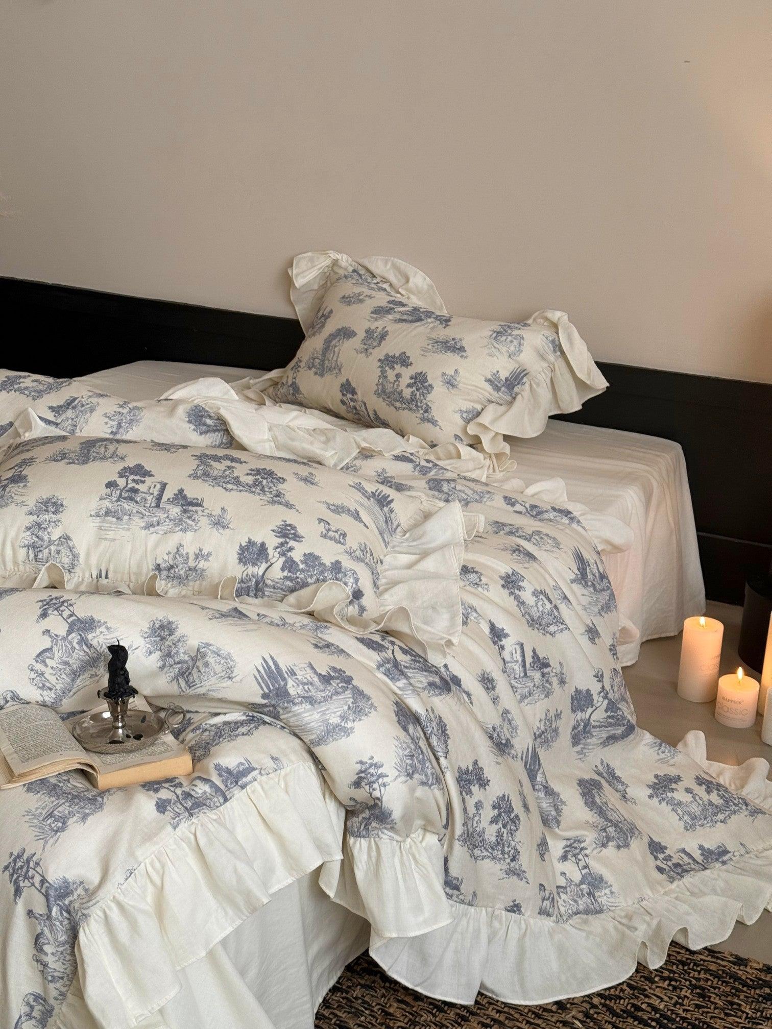 Willowbrook Toile Muslin Gauze Ruffle Bedding Set - Blue