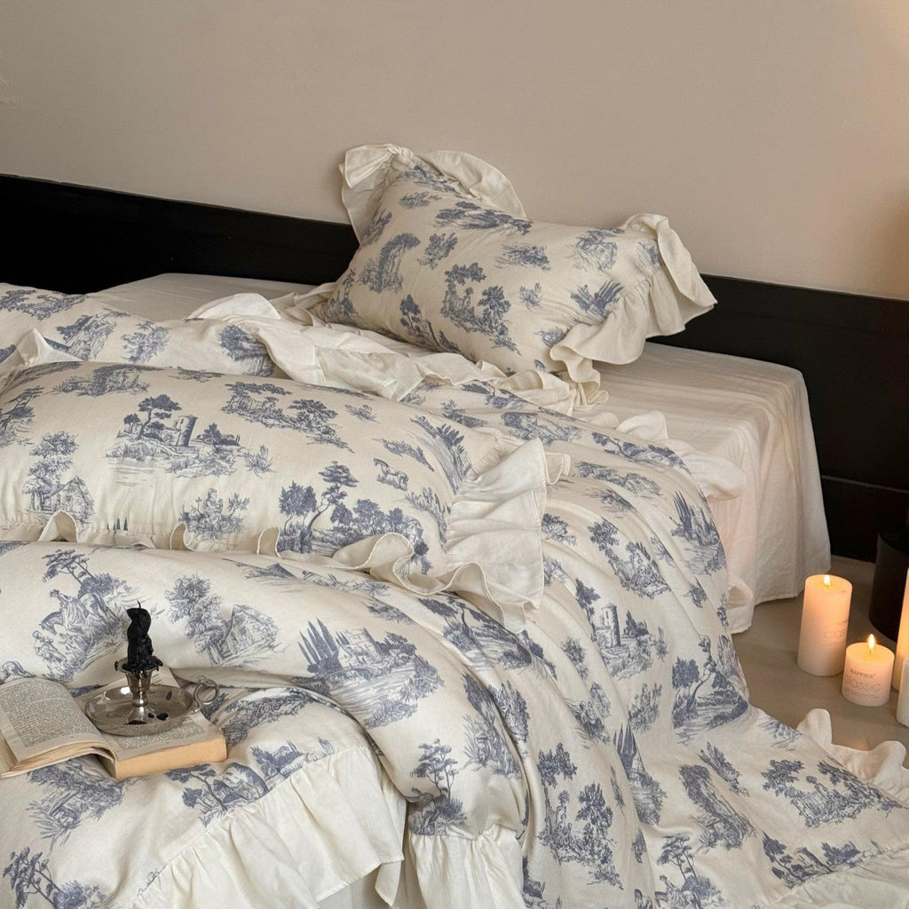 Willowbrook Toile Muslin Gauze Ruffle Bedding Set - Blue