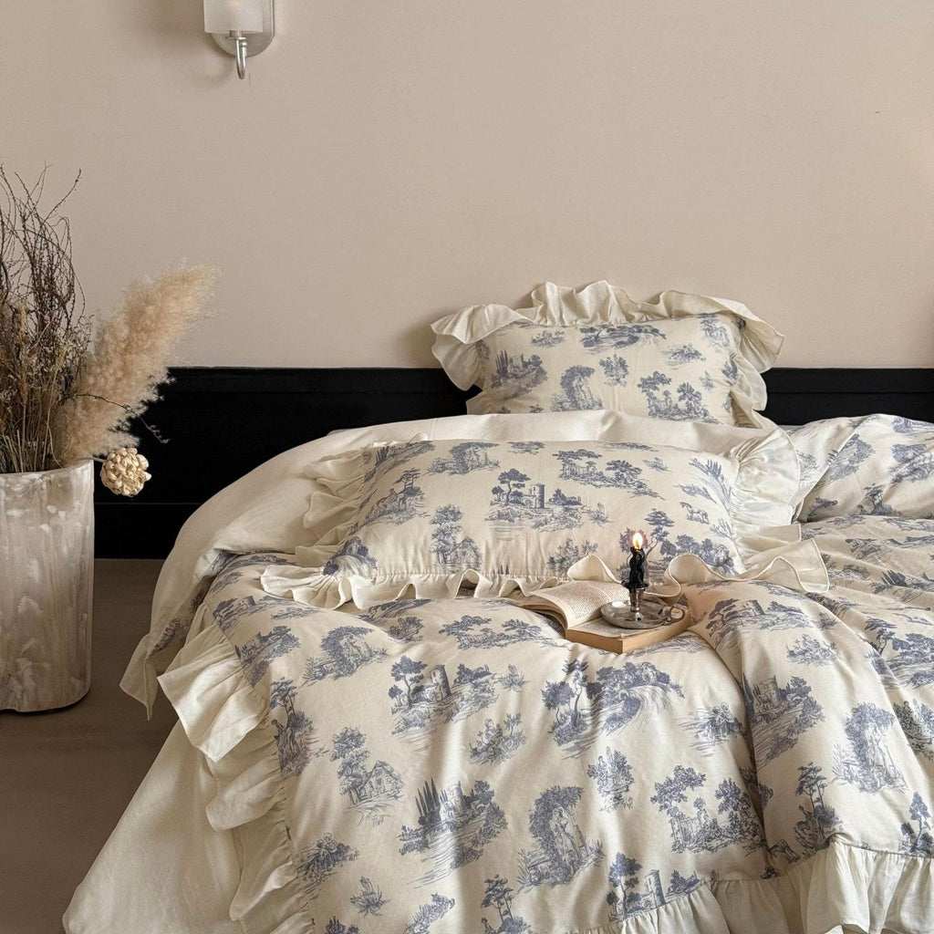 Willowbrook Toile Muslin Gauze Ruffle Bedding Set - Blue