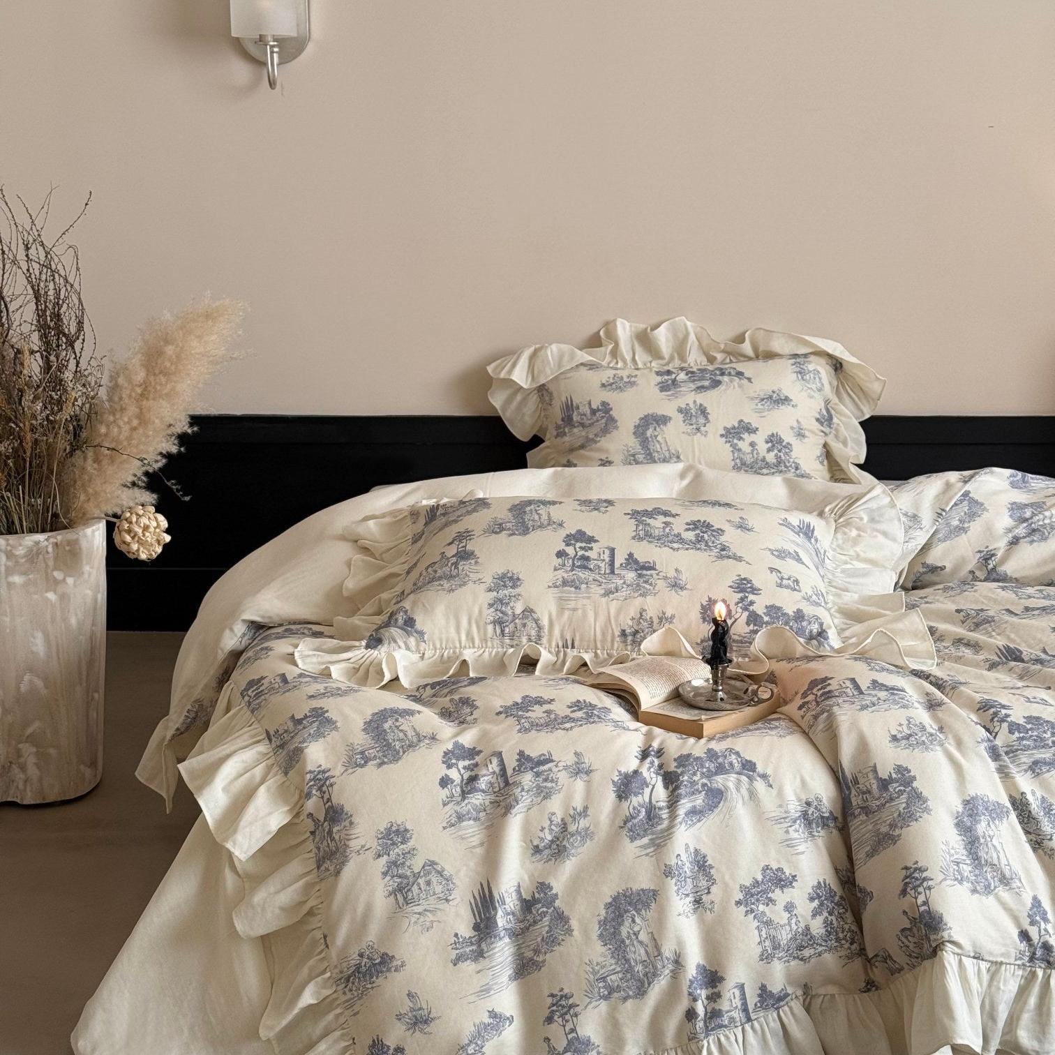 Willowbrook Toile Muslin Gauze Ruffle Bedding Set - Blue