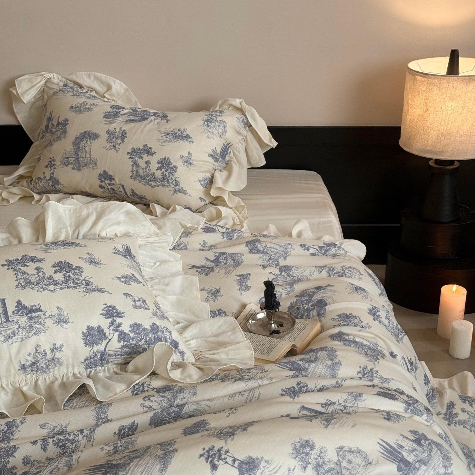 Willowbrook Toile Muslin Gauze Ruffle Bedding Set - Blue