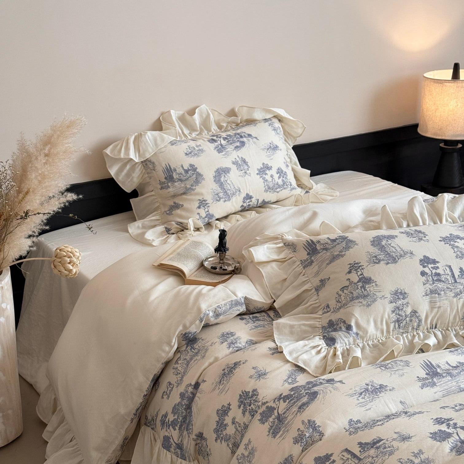 Willowbrook Toile Muslin Gauze Ruffle Bedding Set - Blue