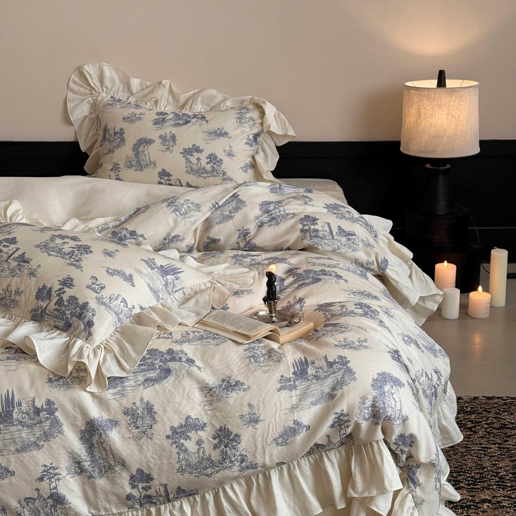 Willowbrook Toile Muslin Gauze Ruffle Bedding Set - Blue