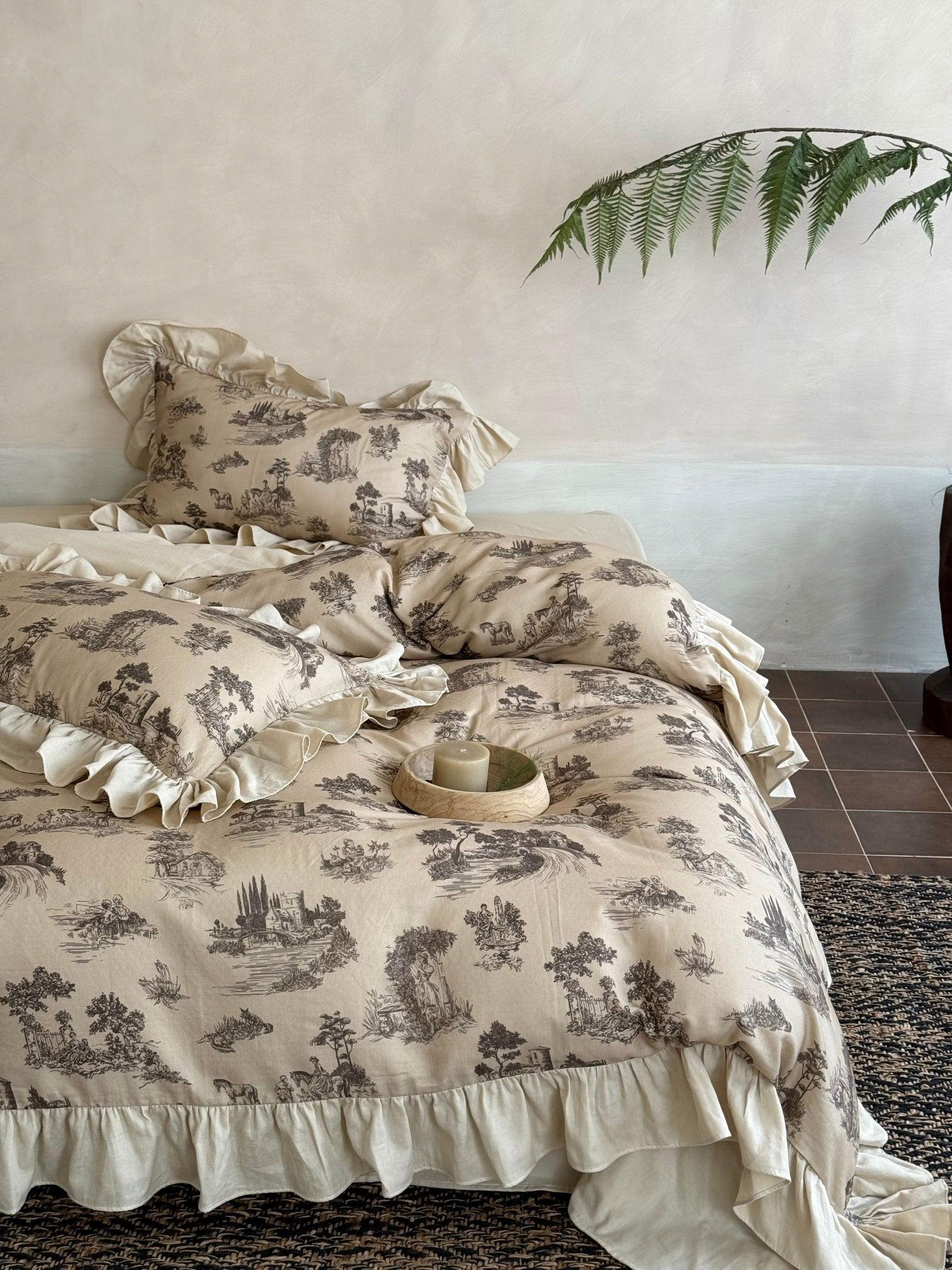 Willowbrook Toile Muslin Gauze Ruffle Bedding Set - Beige