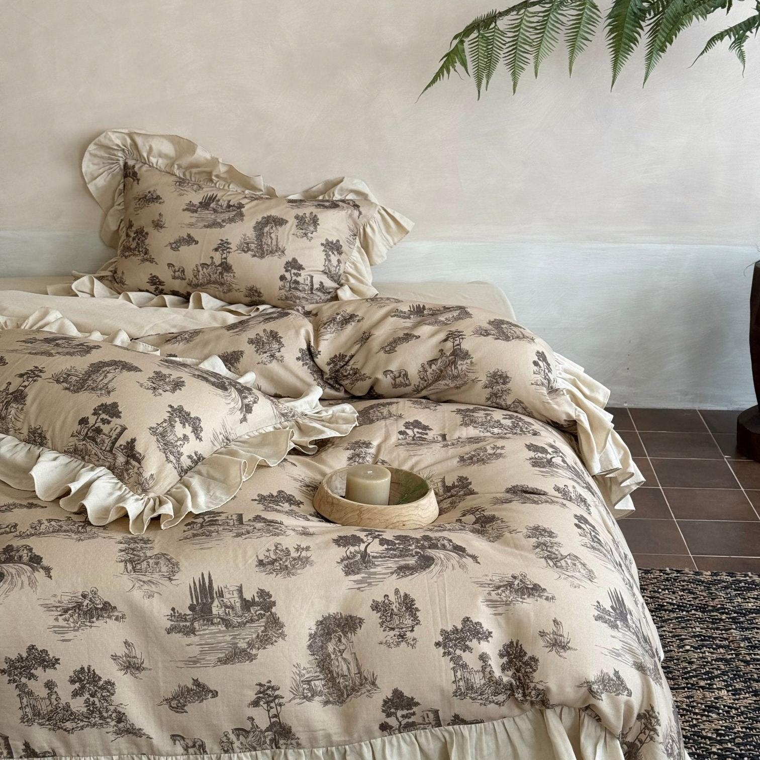 Willowbrook Toile Muslin Gauze Ruffle Bedding Set - Beige