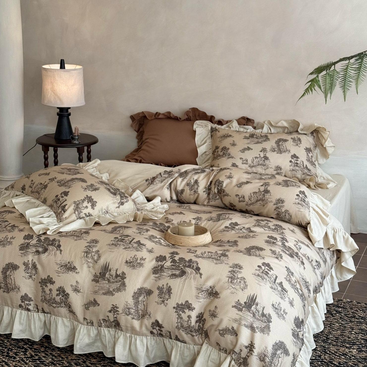 Willowbrook Toile Muslin Gauze Ruffle Bedding Set - Beige