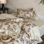 Willowbrook Toile Muslin Gauze Ruffle Bedding Set - Beige